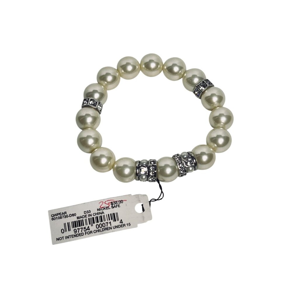 Givenchy Silver Tone, Faux Pearl And Clear Rhinestone Stretch Bracelet (6247) - Picture 3 of 5